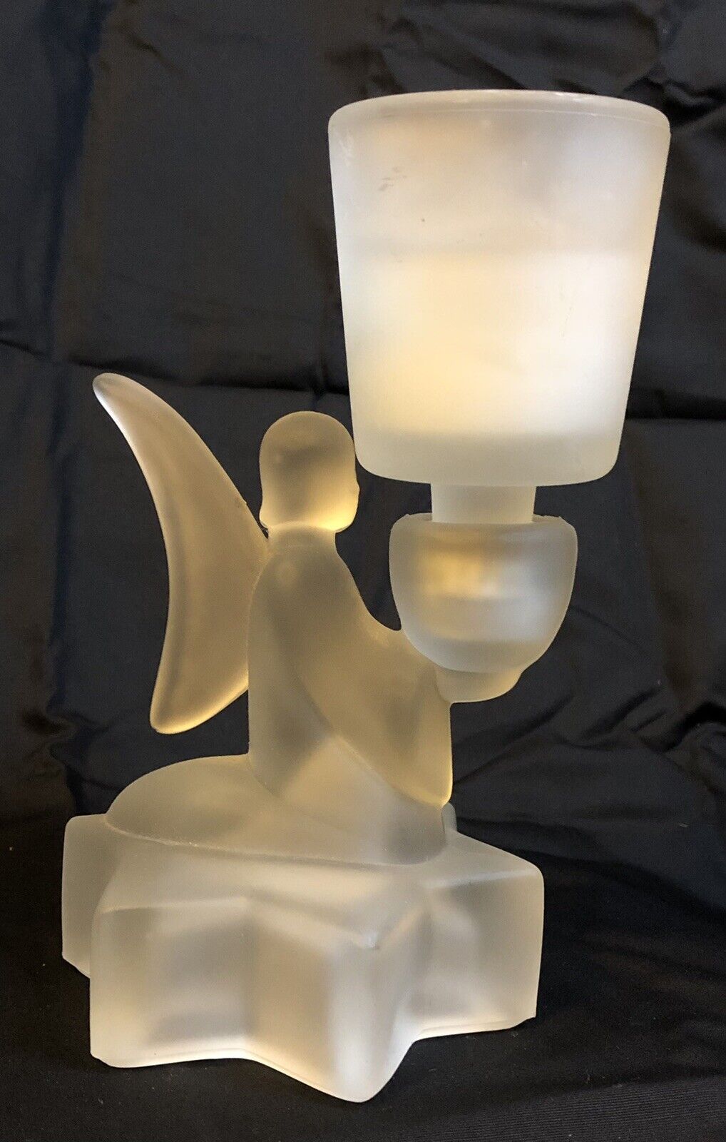 Vintage LE Smith Frosted Glass Angel Star Candlestick Holder