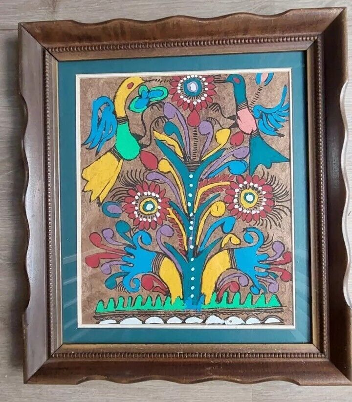 Vintage Mexican Folk Art Painting on Amate Bark Paper. Mounted in 16x18 Frame
