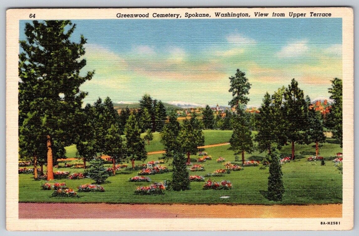 Greenwood Cemetery Upper Terrace View c1940s Spokane WA Linen Postcard