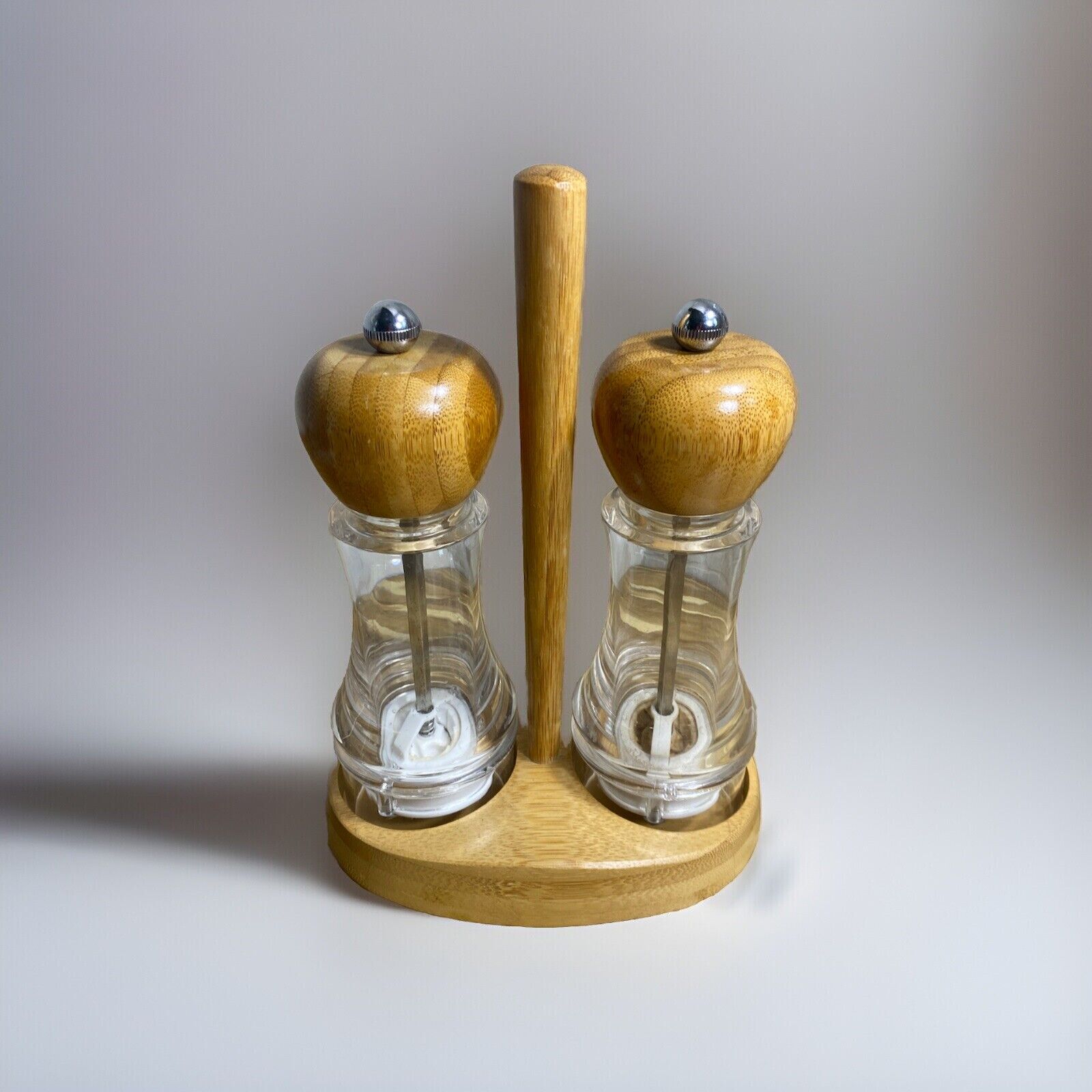 RETIRED PAMPERED CHEF Bamboo Salt & Pepper Grinders • Pair With Stand Holder