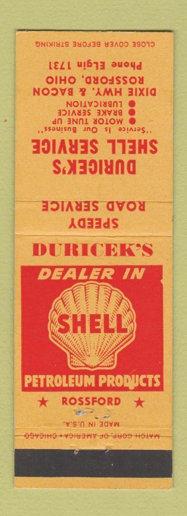 Matchbook Cover - Duricek\'s Shell oil gas Rossford OH