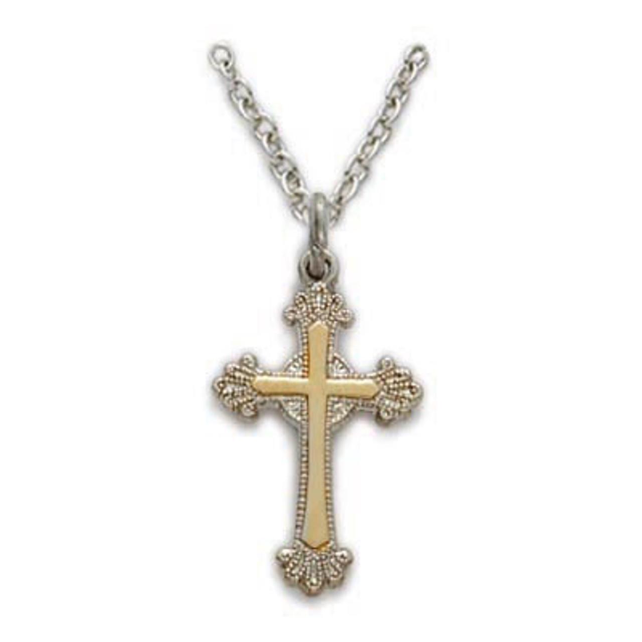 Sterling Silver Two Tone Cross Features 16-18in Long Chain Comes Gift Boxed