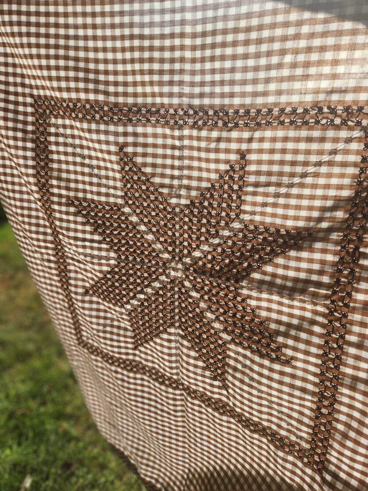 Vintage Brown & White Gingham Checkered Tablecloth Hand Embroidered 46x42