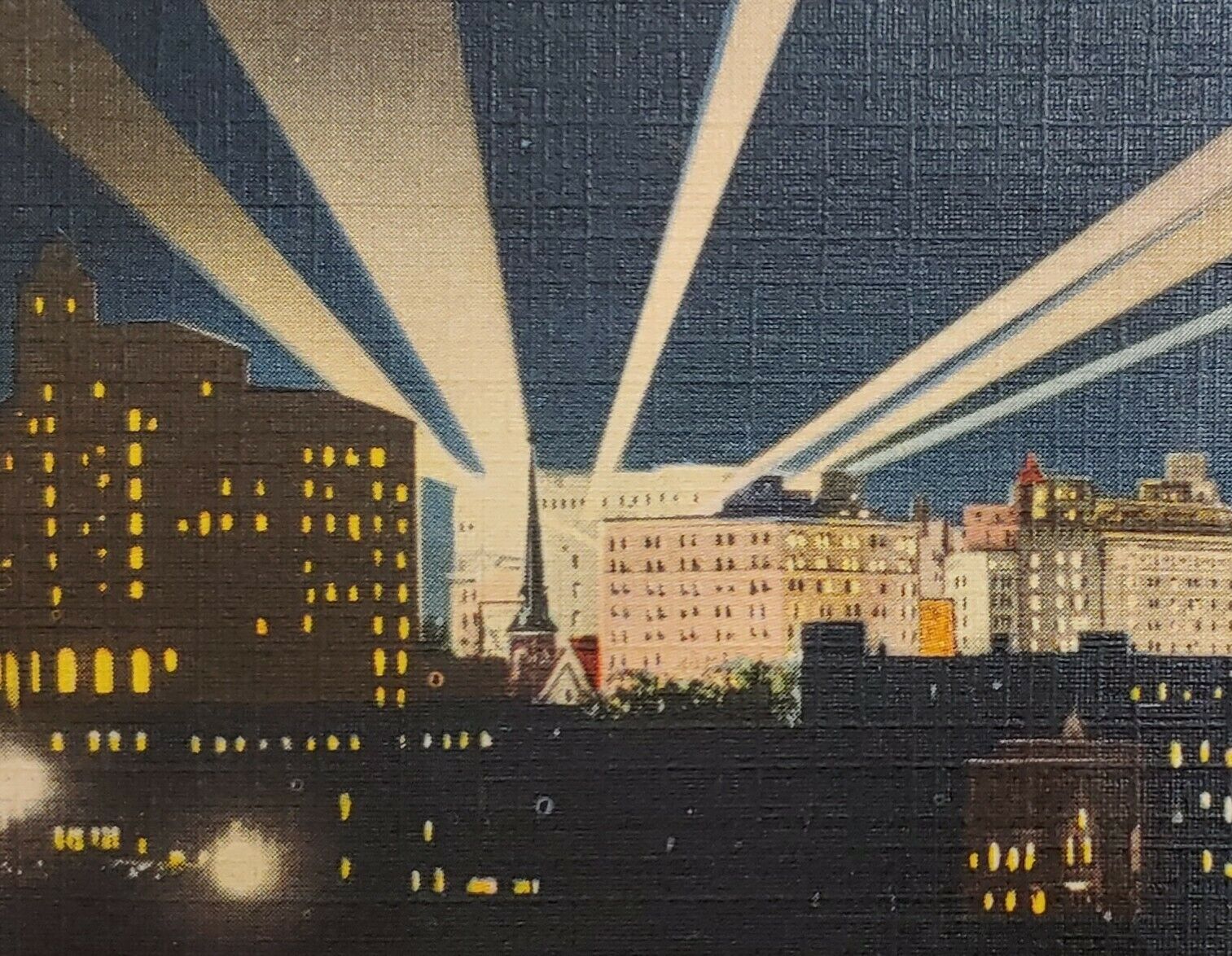 c1930 Night Skyline Business Section Downtown Dayton Ohio Linen Postcard Lights