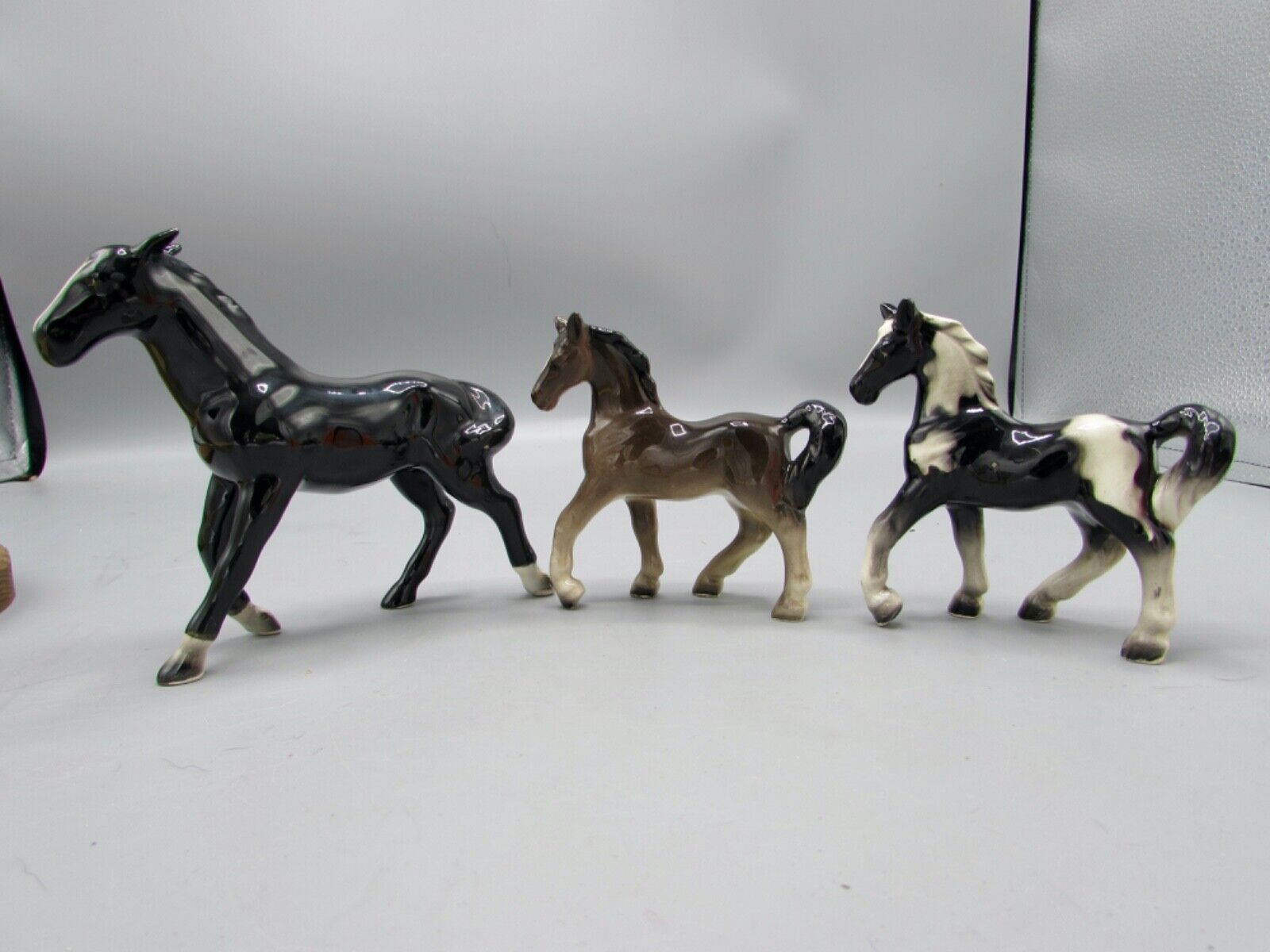 Vintage Three Horse Ceramic Figures Black With White Feet Brown Black/ White