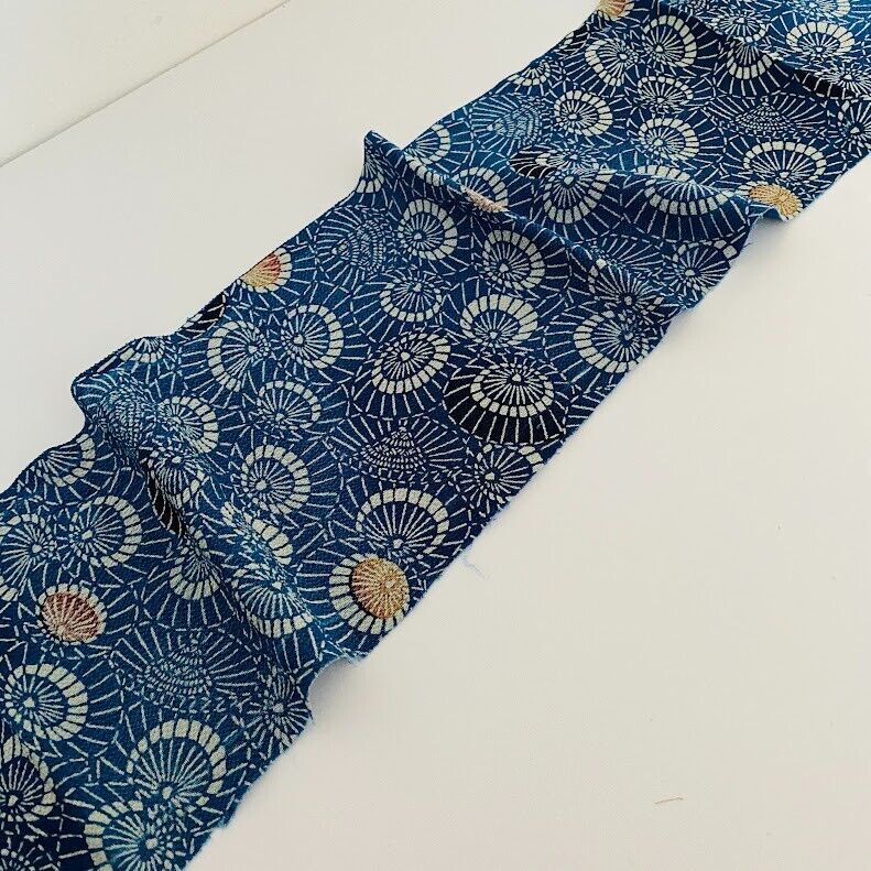 Blue Parasol #E 6x35 Vintage Chirimen Japanese Kimono Silk Fabric CF56