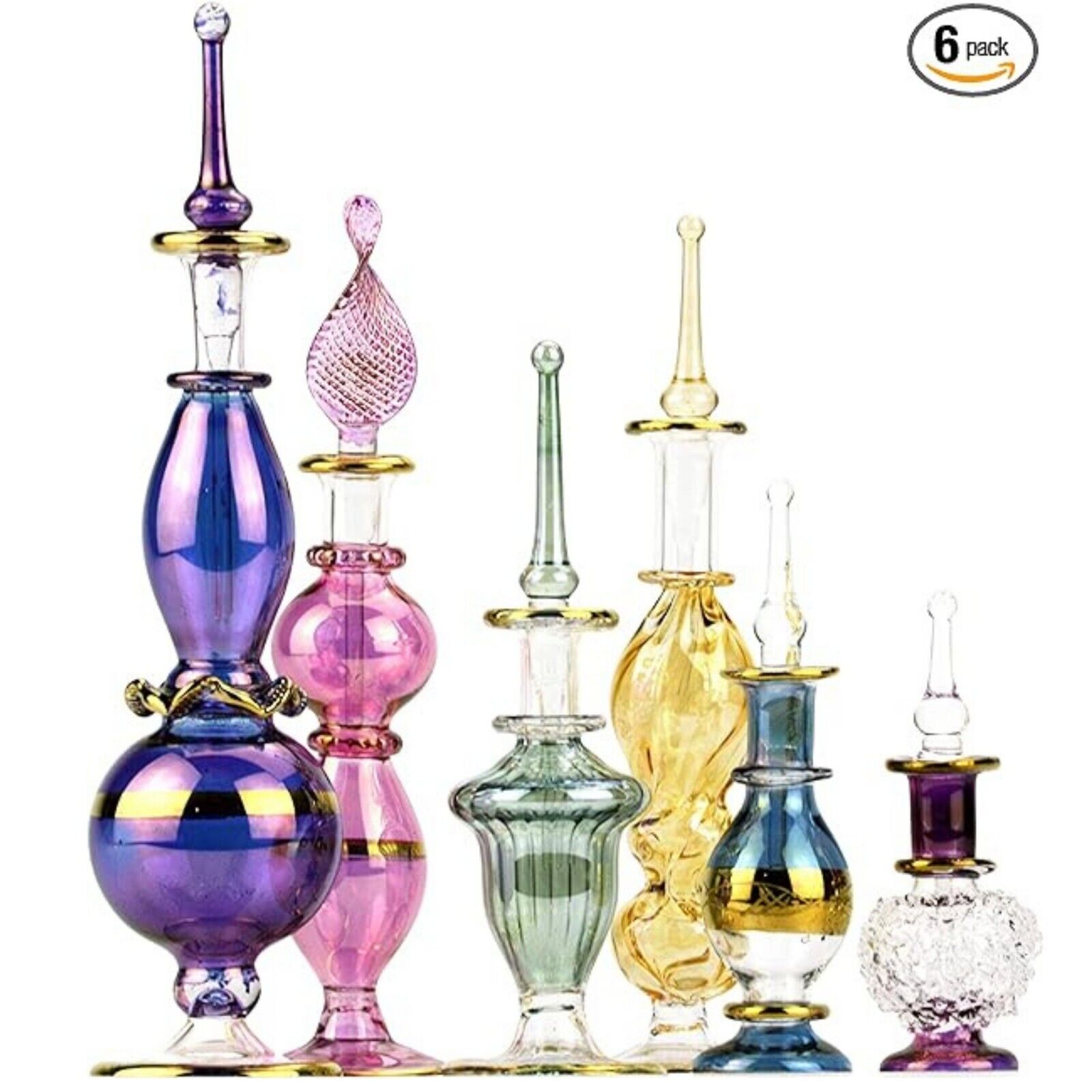 Egyptian Perfume Bottles 2-5 in Collection Set of 6 Mouth-Blown Decorative Glass