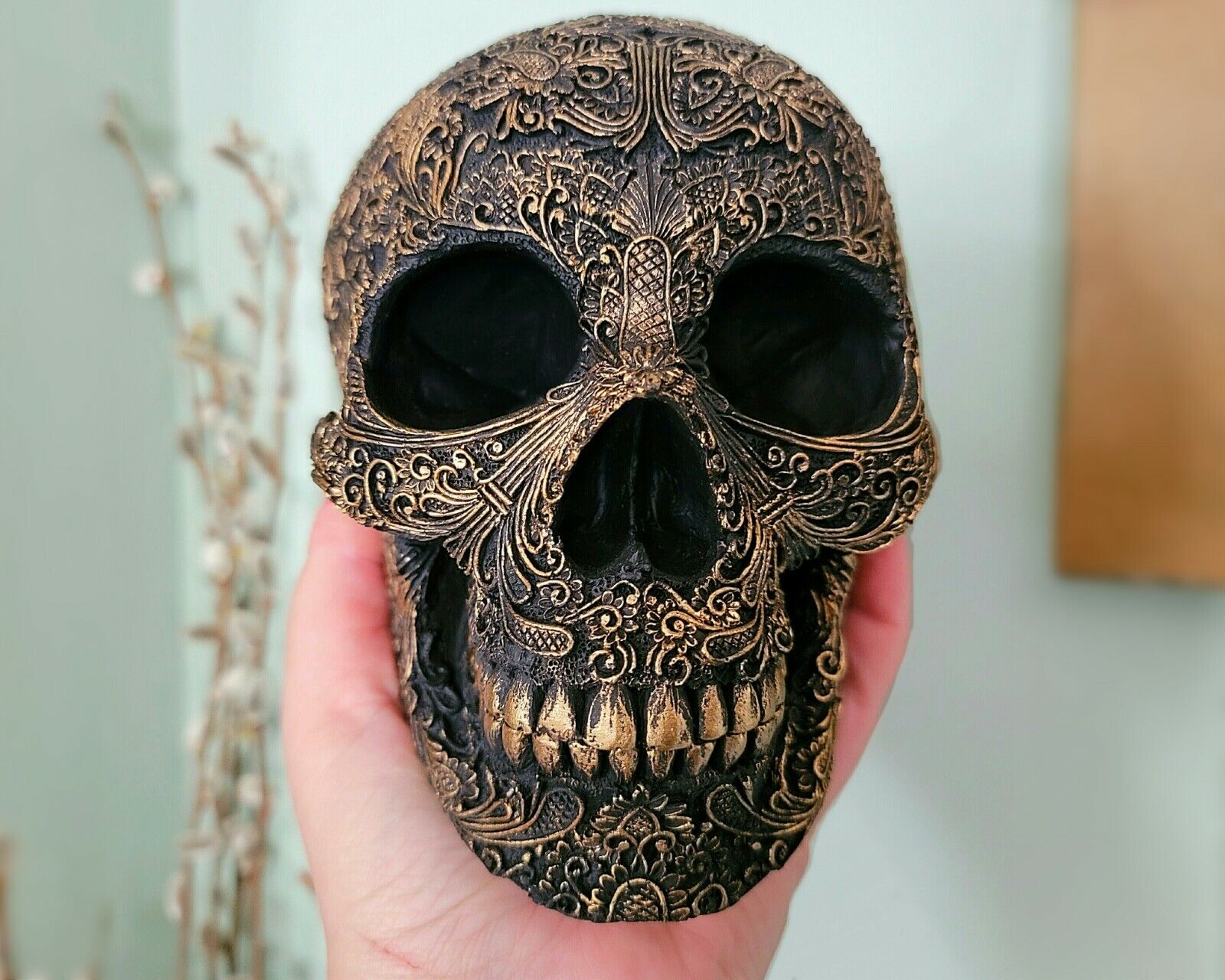 Black and Gold Gothic Skull, Intricate Filigree Skull, Gothic Decor, Halloween