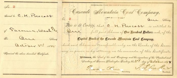 Cascade Mountain Coal Co. signed by T.F. Oakes - Autographed Stocks & Bonds