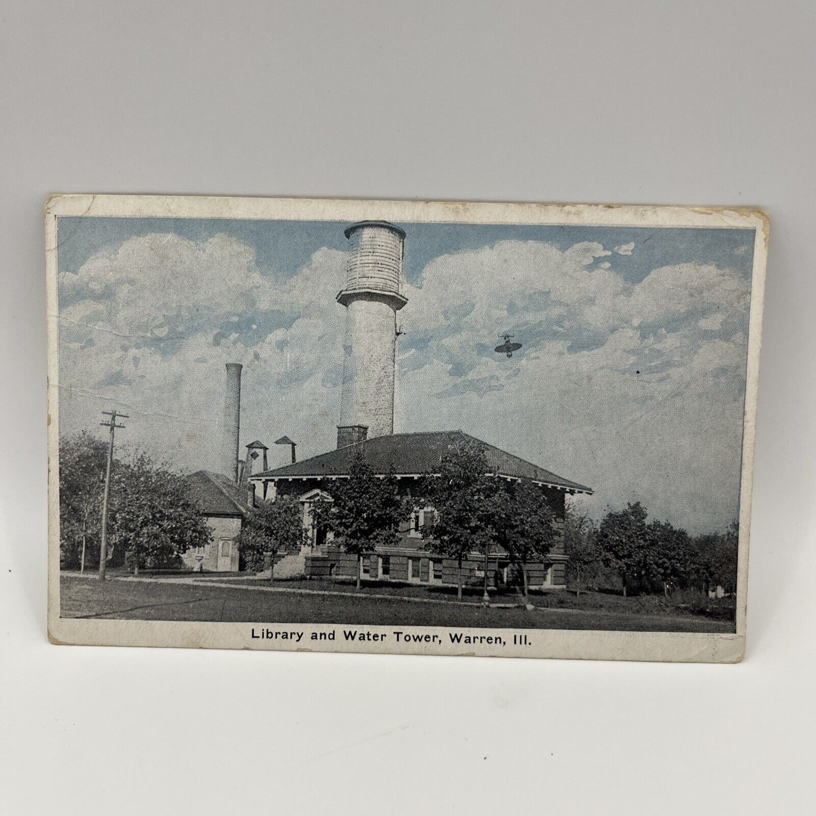 Library and Water Tower, Warren, Illinois Postcard