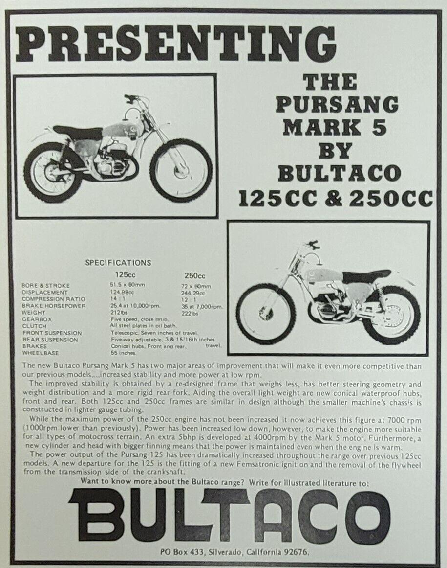 1972 Bultaco Pursang Mark 5 125 250 Original Motorcycle Ad