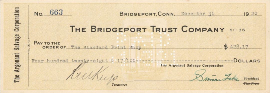 Bridgeport Trust Company Check signed by Simon Lake - 1920-21 dated Autograph - 