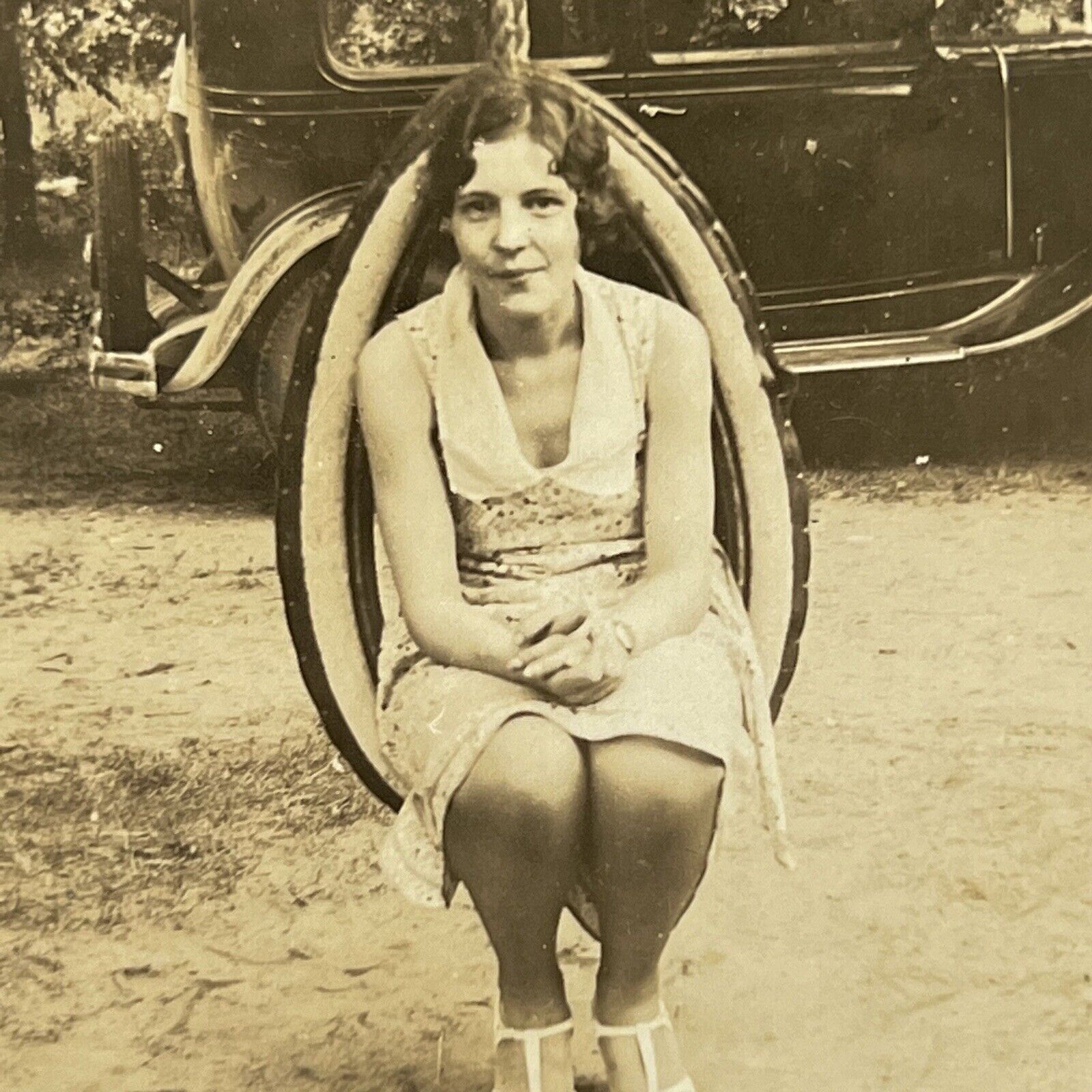 Vintage Snapshot Photograph Beautiful Young Woman Teen Girl In Tire Swing