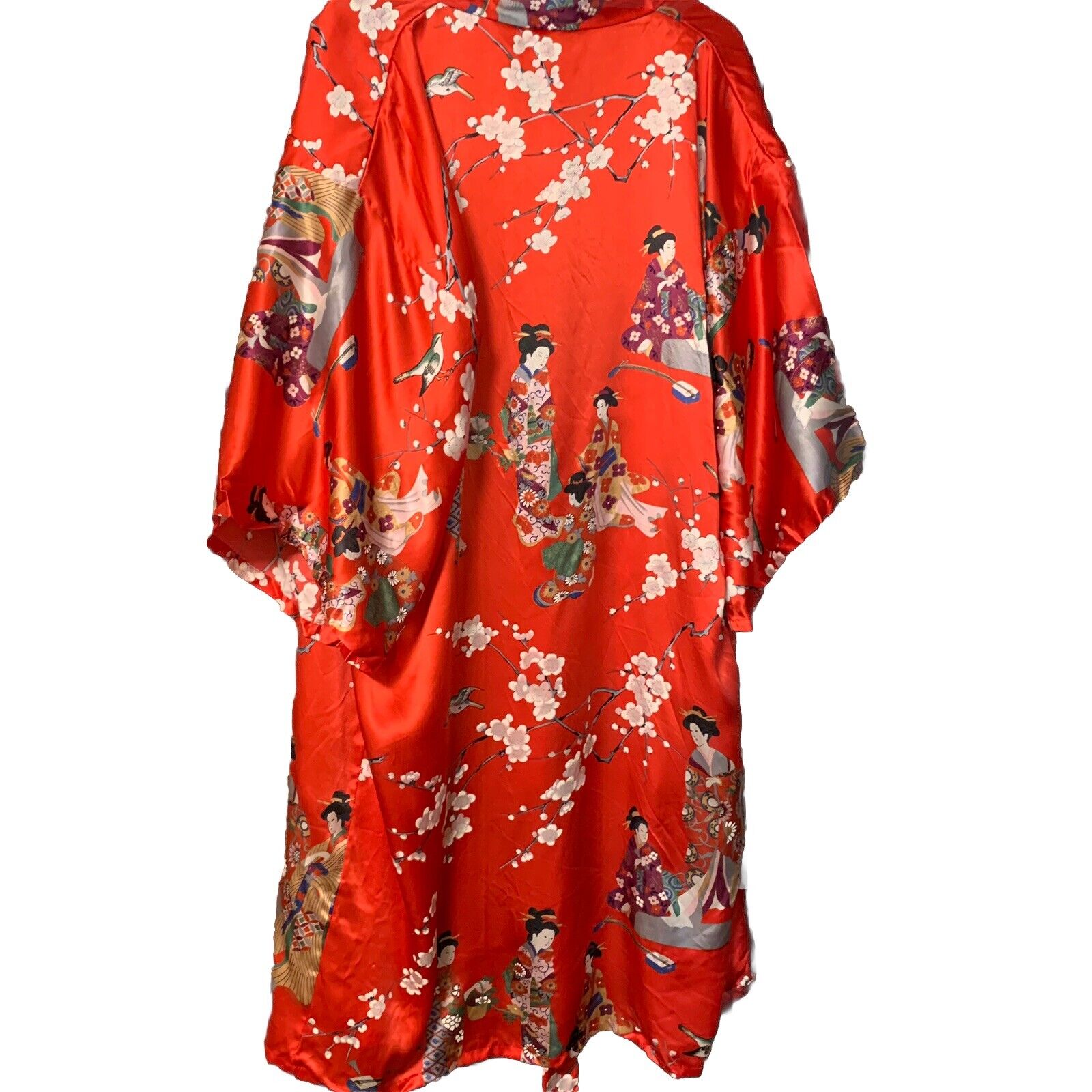 Vtg 100% Silk Japanese Robe Geisha Waist Tie Made In Japan Red Satin Bird Flower