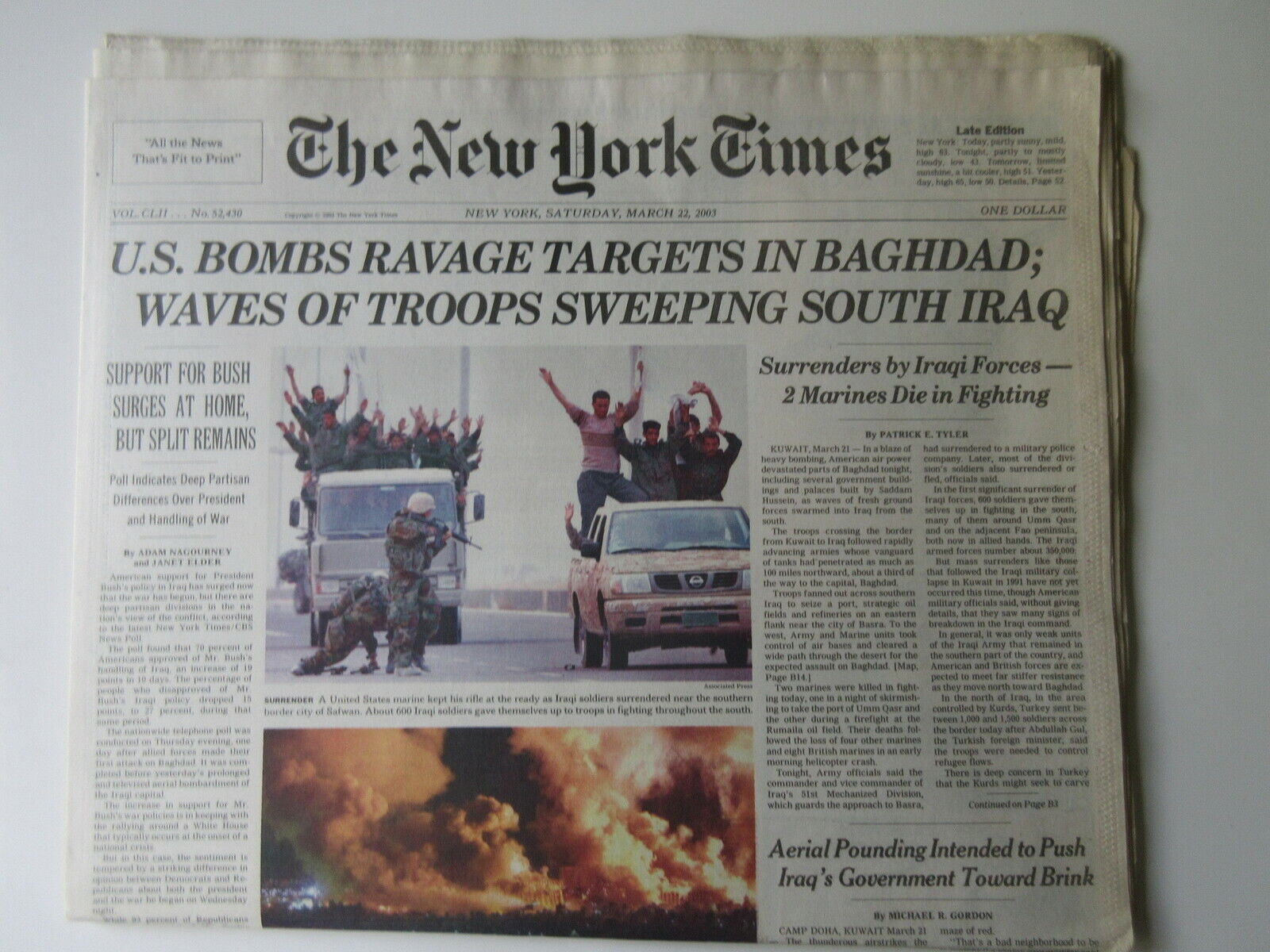 US BOMBS BAGHDAD NEW YORK TIMES March 22, 2002 newspaper NCCA HOOPS TOURNEY
