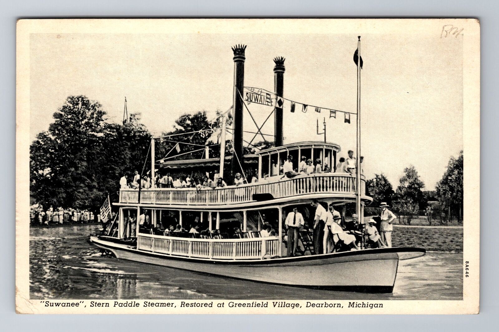 Dearborn MI- Michigan, Stern Paddle Steamer, Antique, Vintage c1940 Postcard