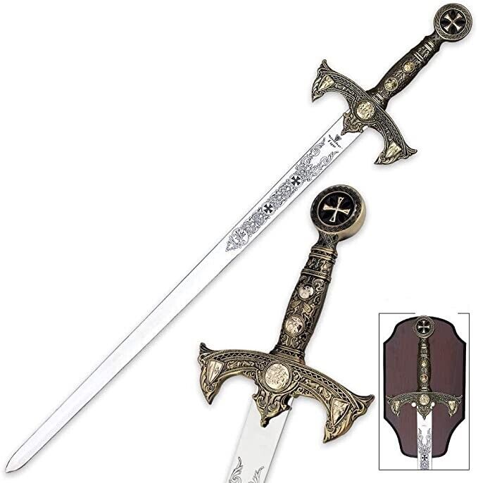 Snake Eye Knights Templar Medieval Sword Antique Silver Handle w/ Display Plaque