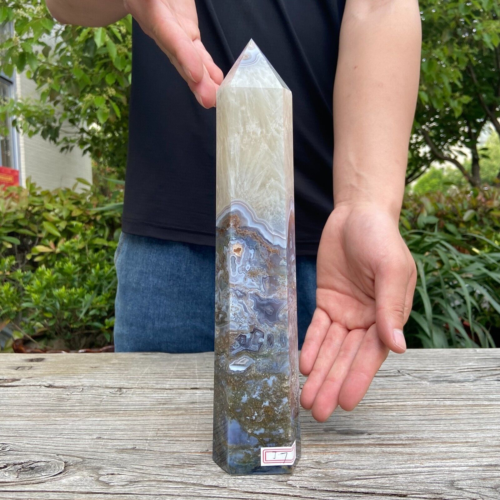 3.3LB 11.2\'\' Natural Moss Agate Obelisk Quartz Point Crystal Healing Decor Reiki