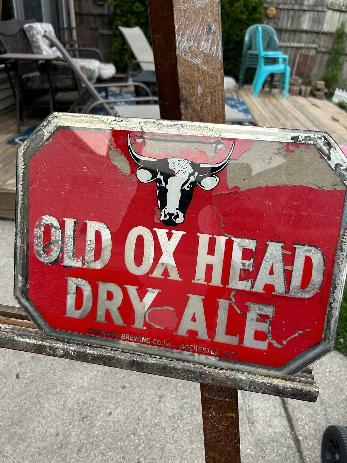 VTG Old Ox Head Dry Ale Beer Advertising Sign Glass Standard Brewing Bar Mancave