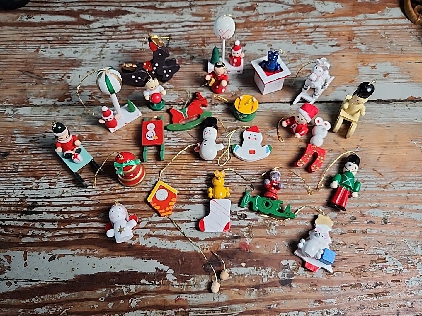 Lot of 23 Miniature Wooden Christmas Tree Ornaments Hand Painted