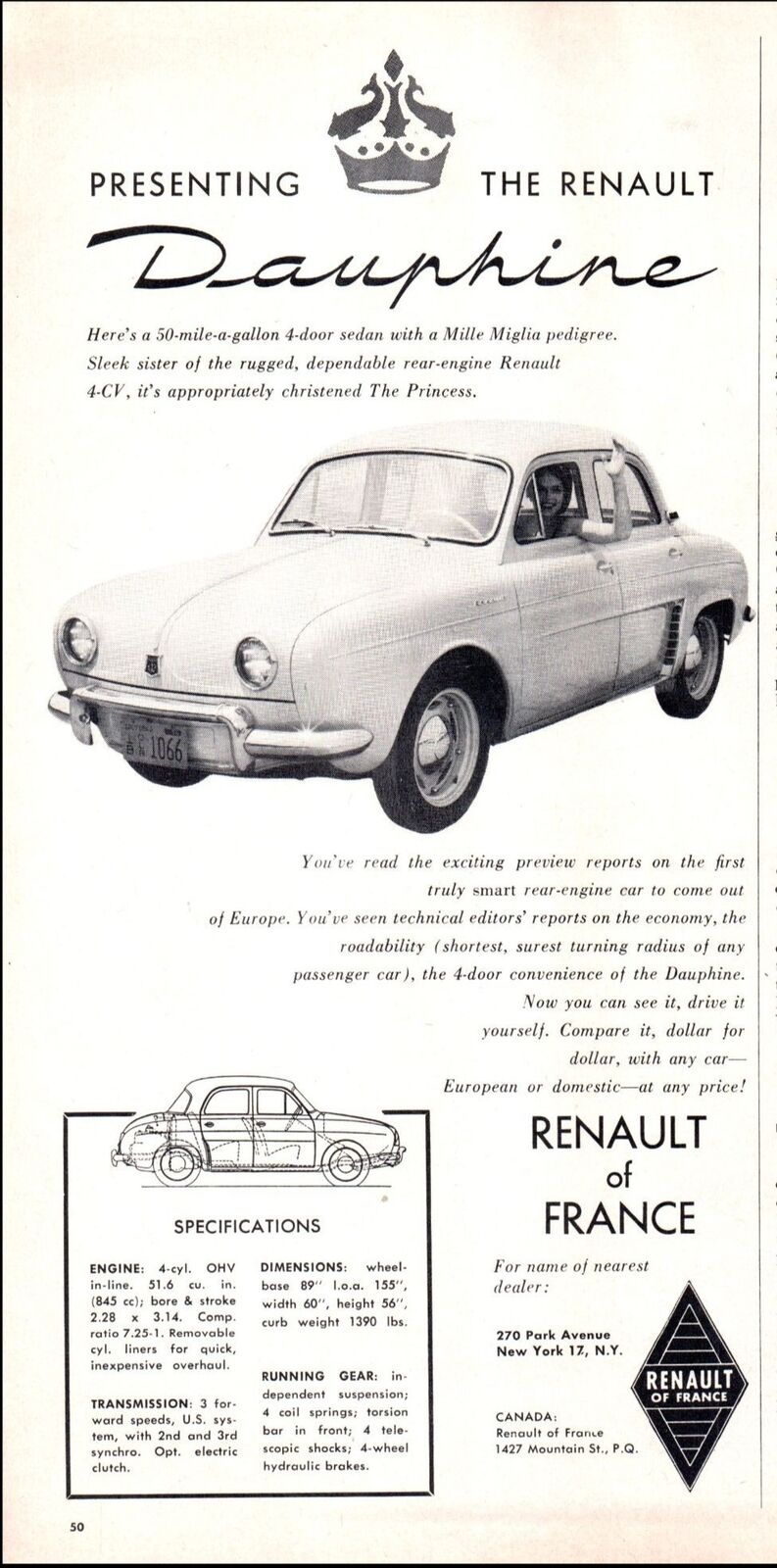 1956 Renault Dauphine 4 Door Sedan Has a Mille Miglia Pedigree Vintage Print Ad