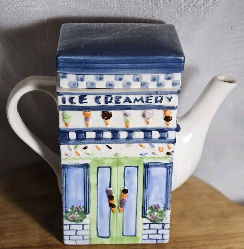 Ceramic Tea Pot Decorative Ice creamery shop White & Blue