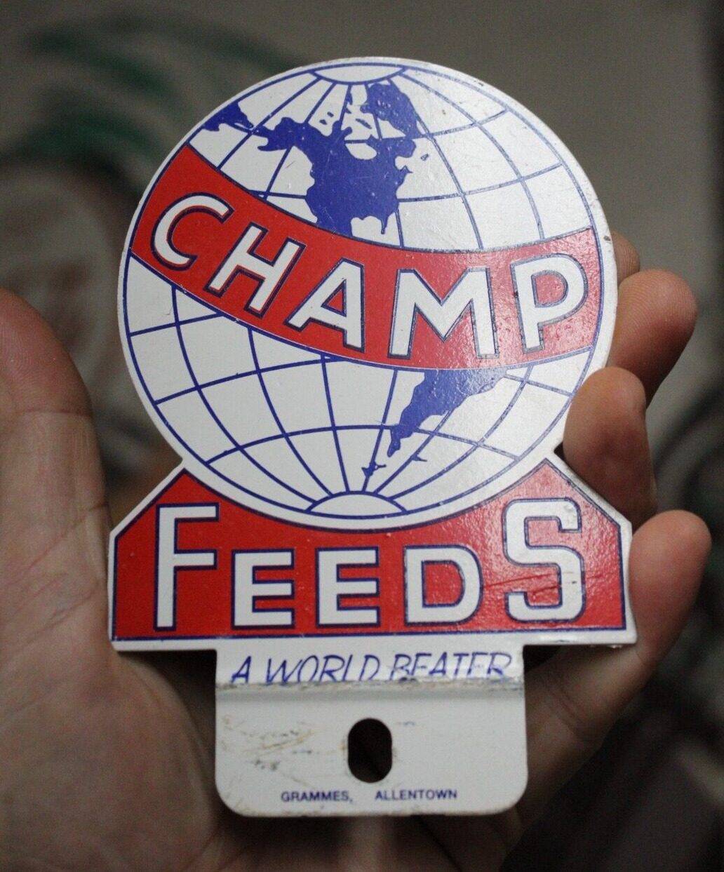 1950s CHAMP FEEDS STAMPED PAINTED METAL TOPPER SIGN FARM SEED FEED CORN WORLD