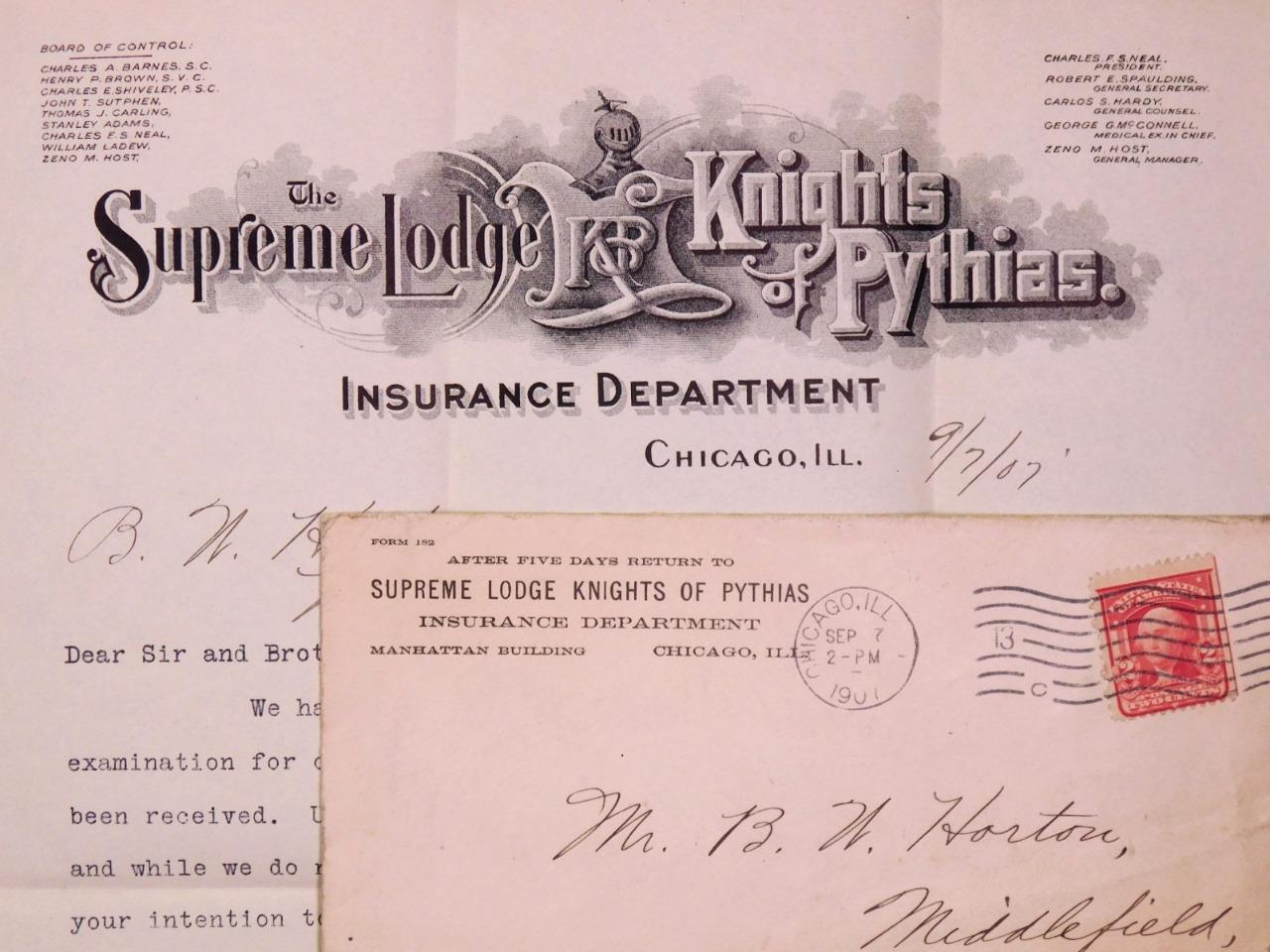 1907 Supr Lodge Knights of Pythias Ins Dept Advertising Cover & Letter Blk5SB-3