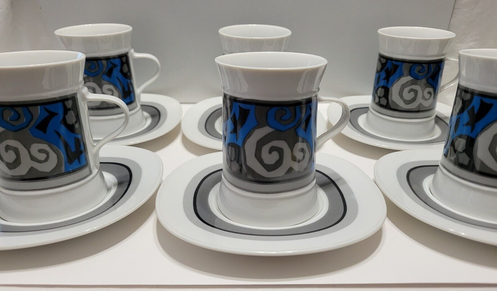 Sango Quadrille OBI Cups w Saucers Coffee Espresso 6 Sets Japan Blue Gray White