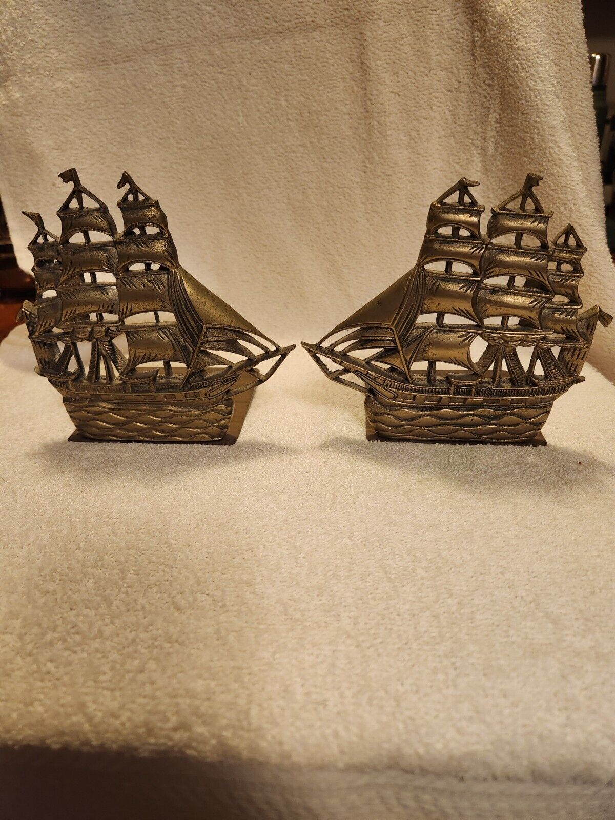 Pair Brass Nautical Old English Sailing Ship Bookends Heavy Vintage
