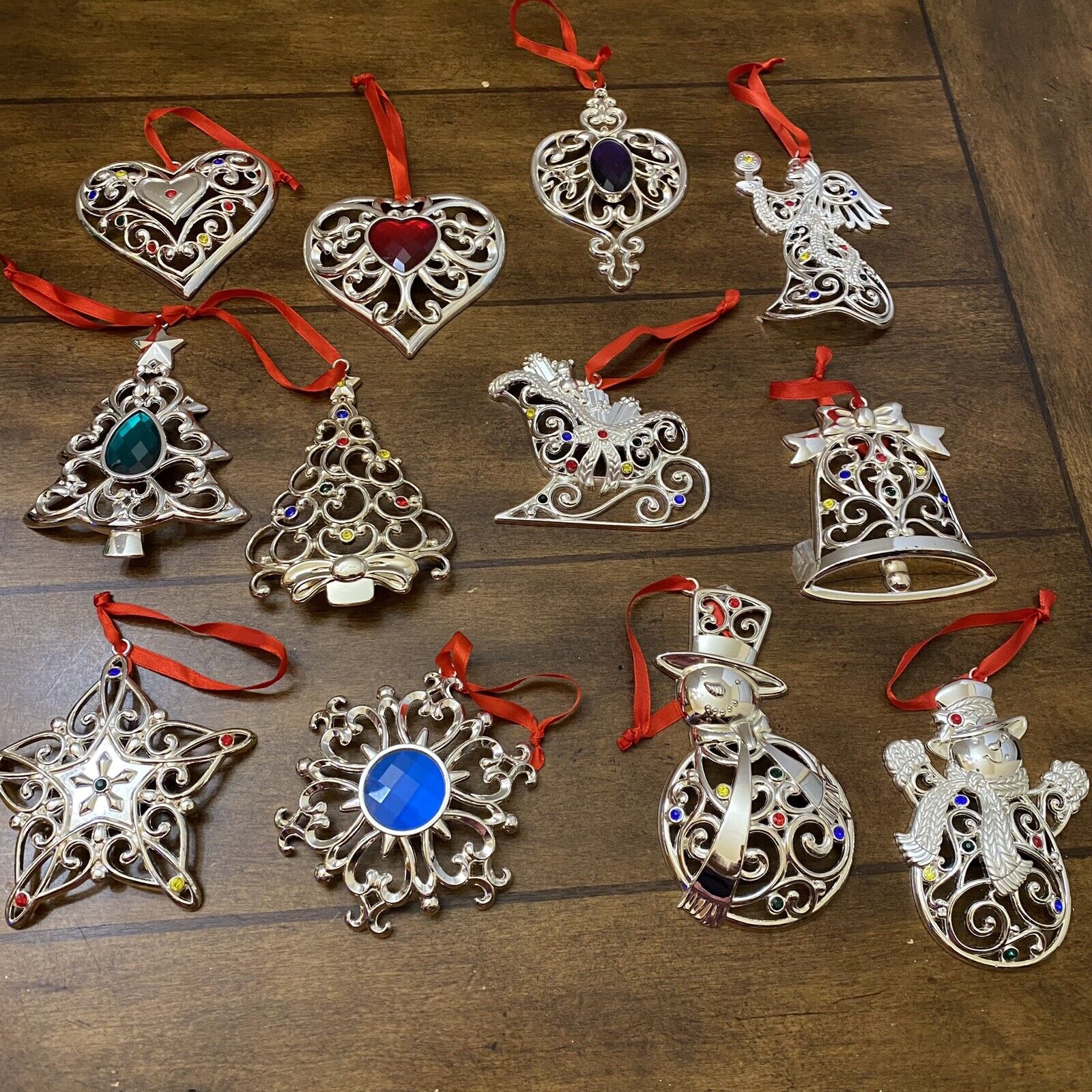 Lenox Sparkle & Scroll Multi-Crystal Silverplate Christmas Ornament Lot of 12