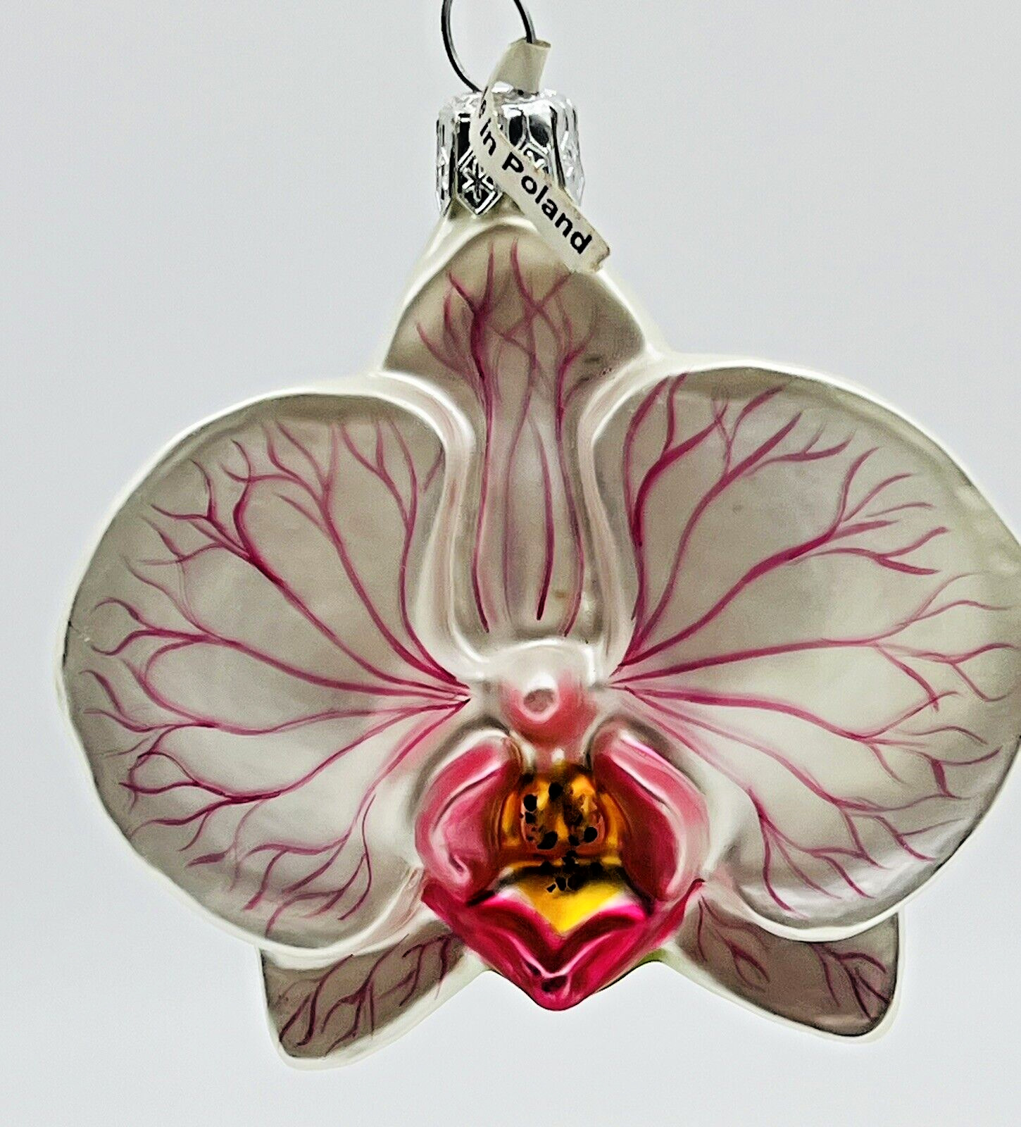 Orchid Glass Christmas Ornament Poland Pink White 3.5 inch