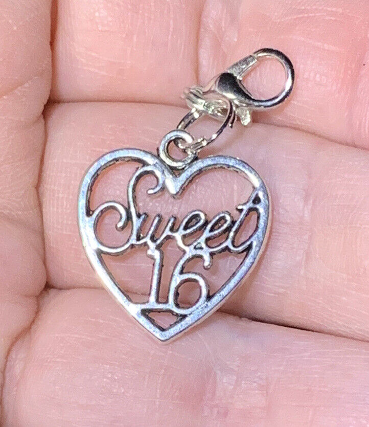 Silver Sweet Sixteen 16 Birthday Charm Zipper Pull & Keychain Add On Clip