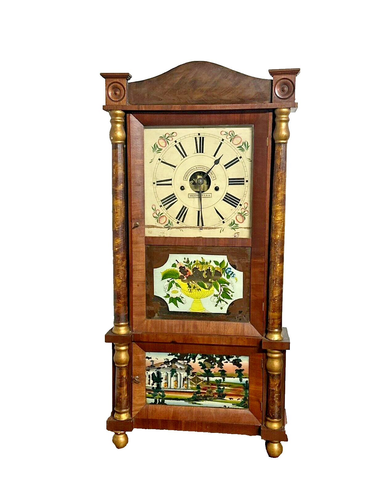 1850s Forestville triple decker pillar clock mahogany faux paint antique