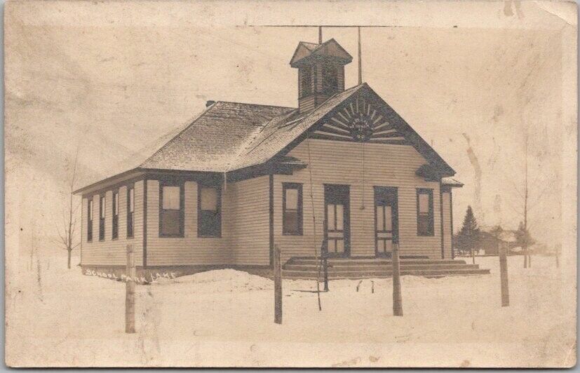 Vintage 1912 PARK LAKE, Michigan RPPC Photo Postcard SCHOOL BUILDING Winter View