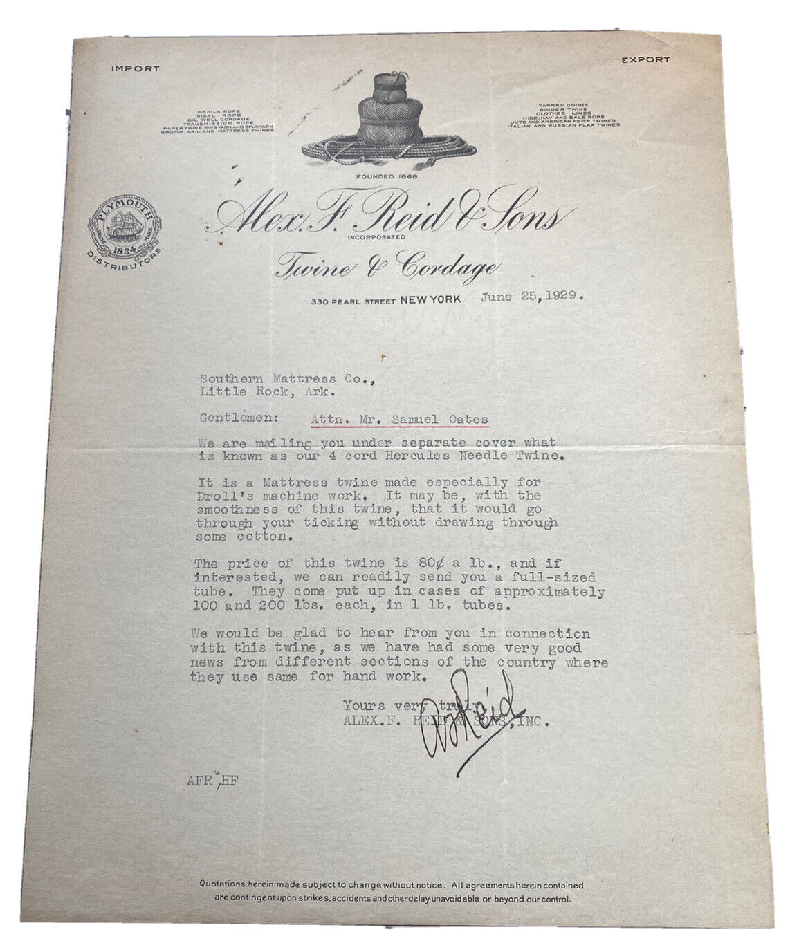 Vintage 1929 Letterhead ~ Alex F Reid & Sons Twine & Cordage New York, Signed