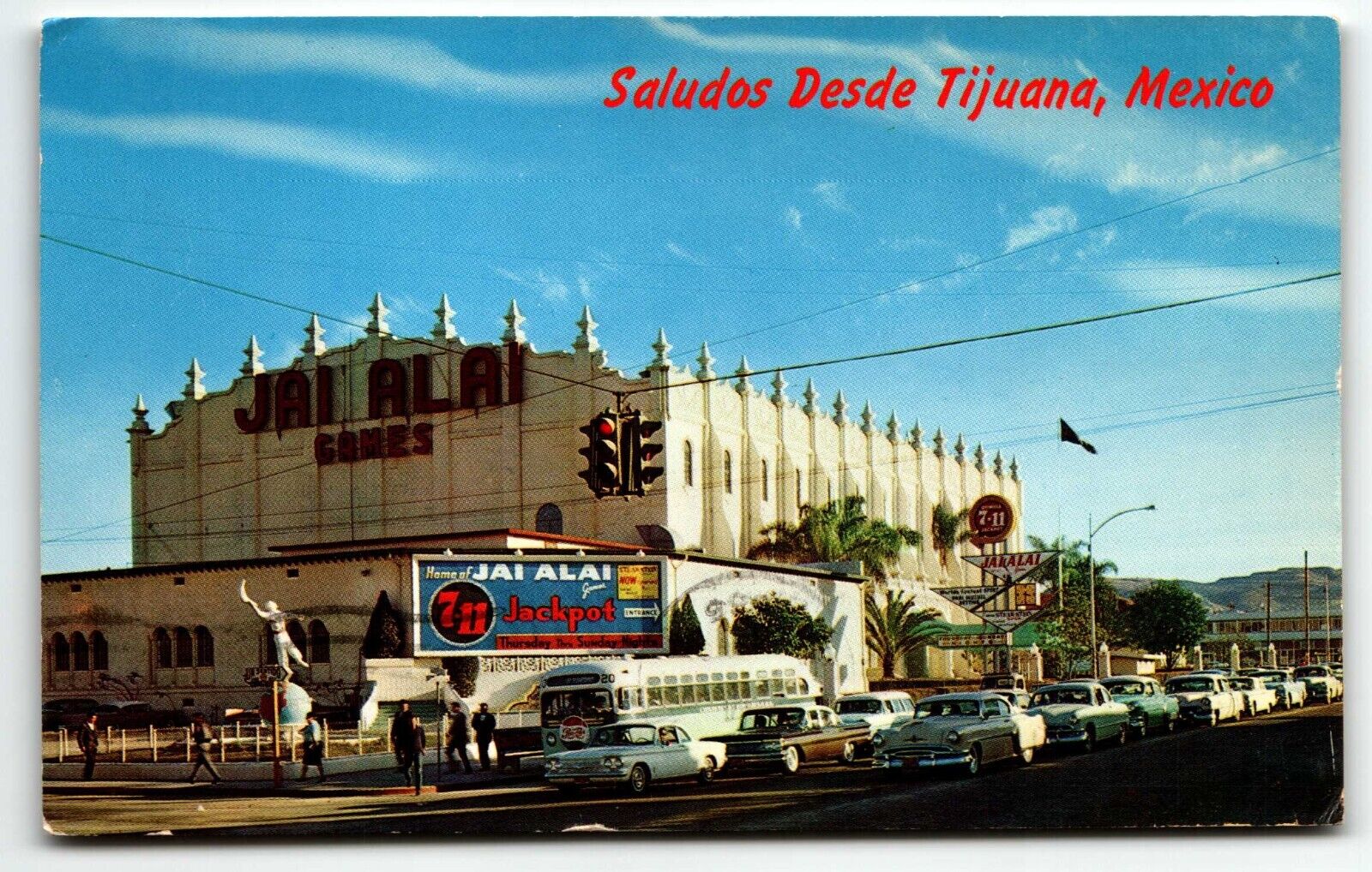 Tijuana Mexico Postcard Jai Alai Stadium Old Bus Cars Street View Fronton Palace