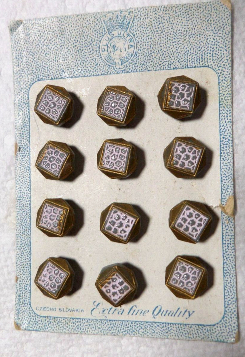 12 Vintage Diminutive Glass Buttons Original Card Czechoslovakia Hand Painted