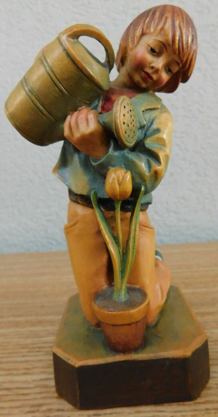 Vintage Anton Fischer Boy Kneeling Watering Flower Wooden Figurine Rare