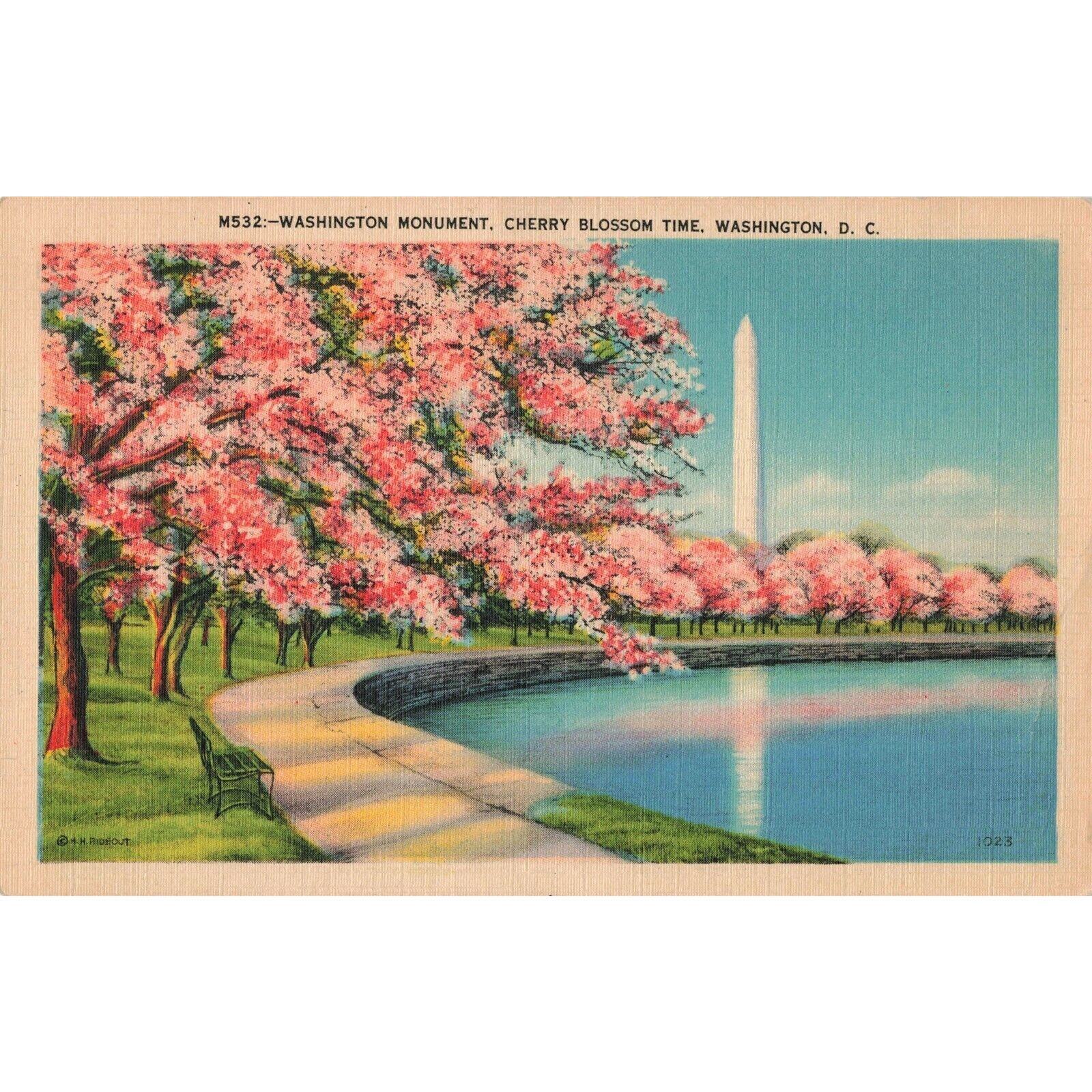 Washington Monument Cherry Blossoms DC c1932 Postcard 2T5-496