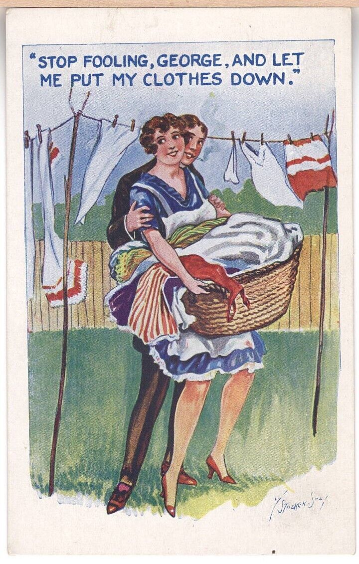 COMICAL LOVERS WOMAN HANGING CLOTHES LOVERS ARTIST SIGNED  VTG POSTCARD