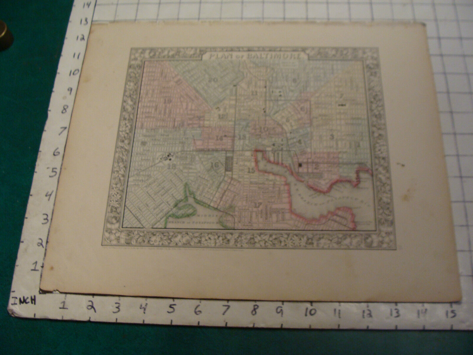 ORIGINAL Hand Colored 1860 Mitchell Map: 15 1/4 x 12 1/2--plan of BALTIMORE