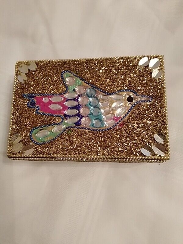 Beaded hand painted jewelry trinket box gold sparkly bird accent 6\