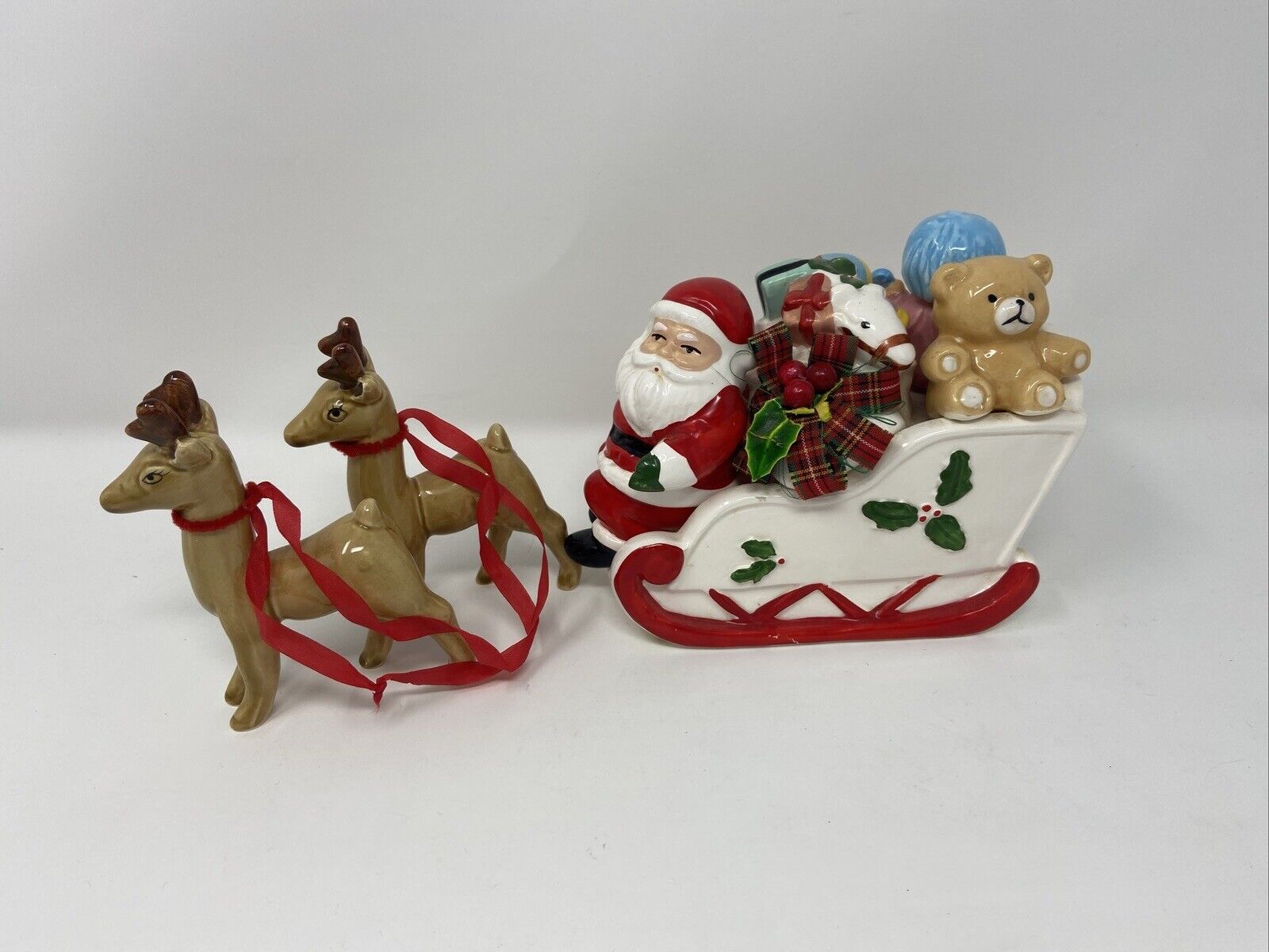 Vintage Ceramic Musical Santa In Sleigh with 2 Reindeer