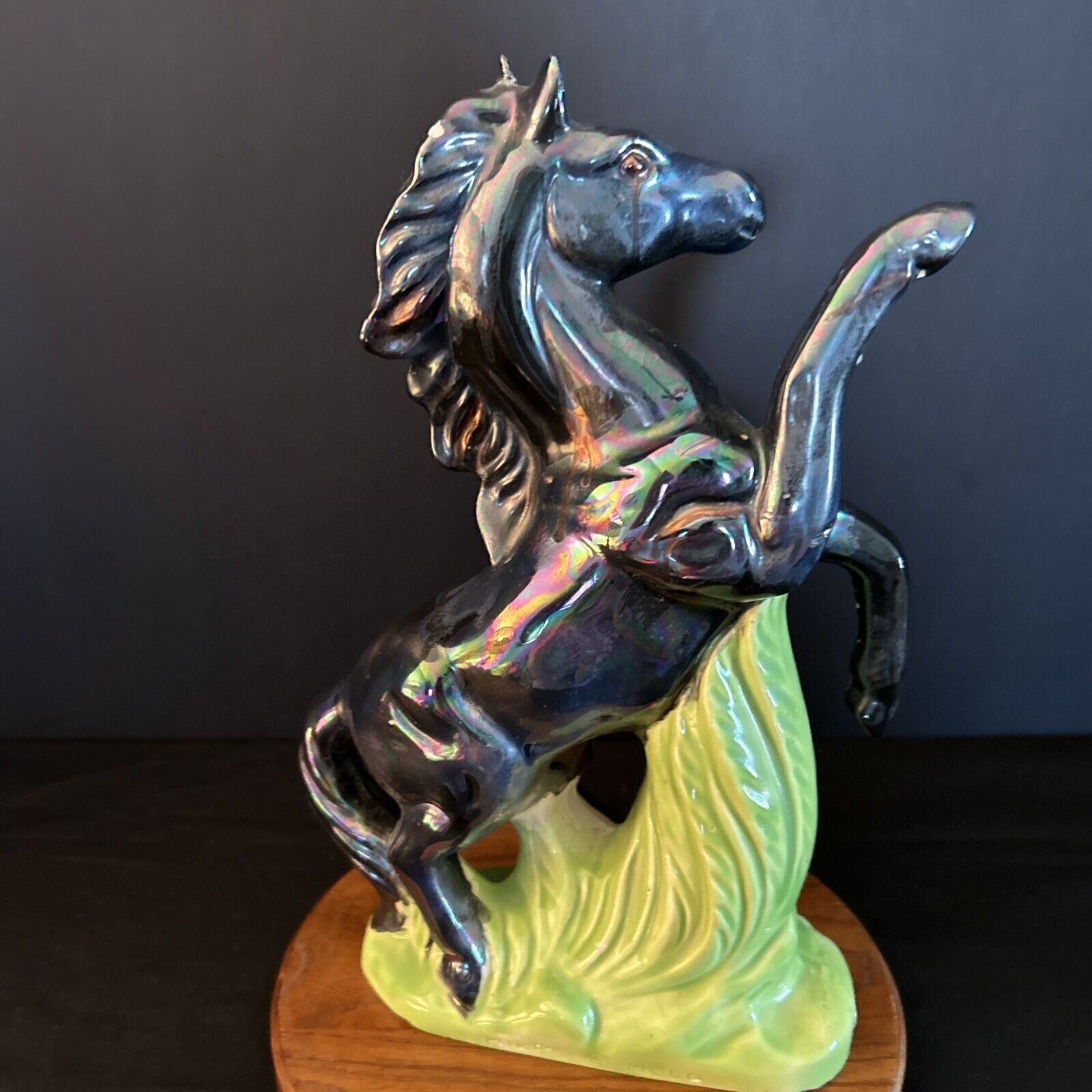 Vintage Ceramic black Lusterware Horse Stallion Figurine Iridescent Opalescent