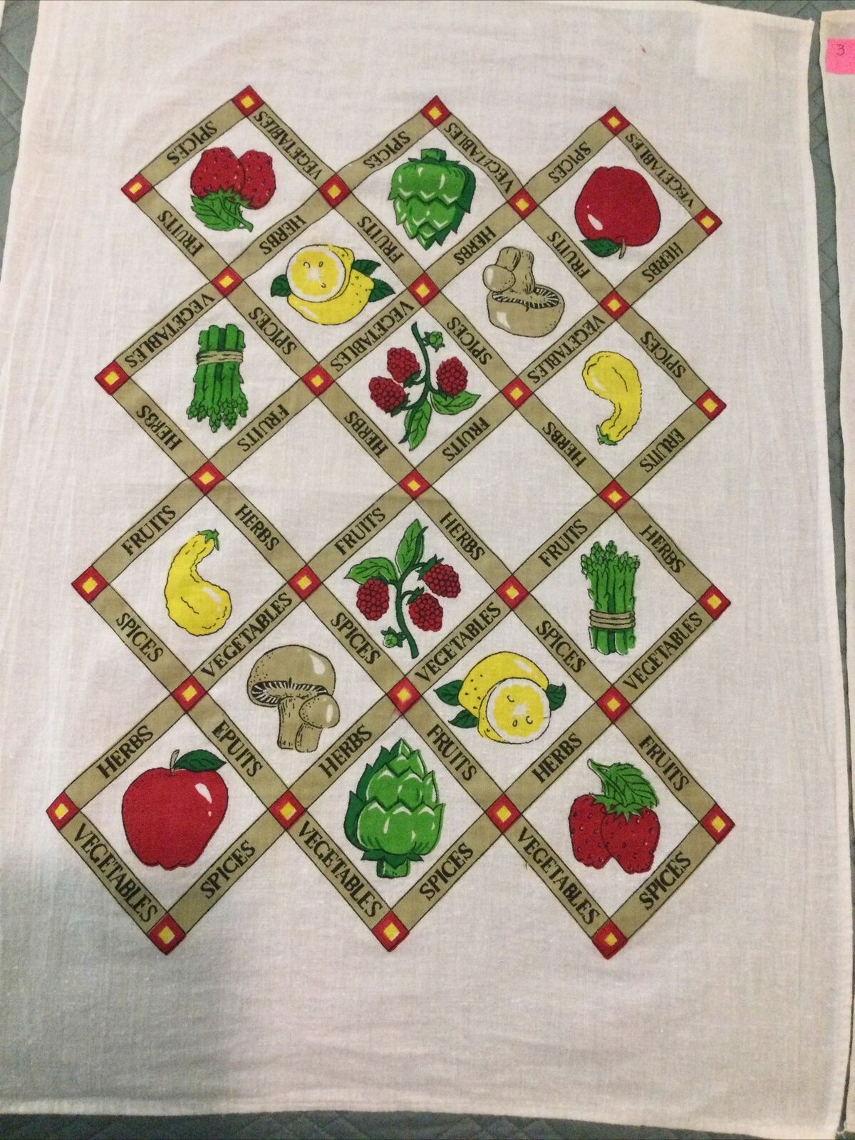 1 Vintage  Kitchen Tea Towel Cotton Fruits Vegetables Lemons Apples Spices Herbs