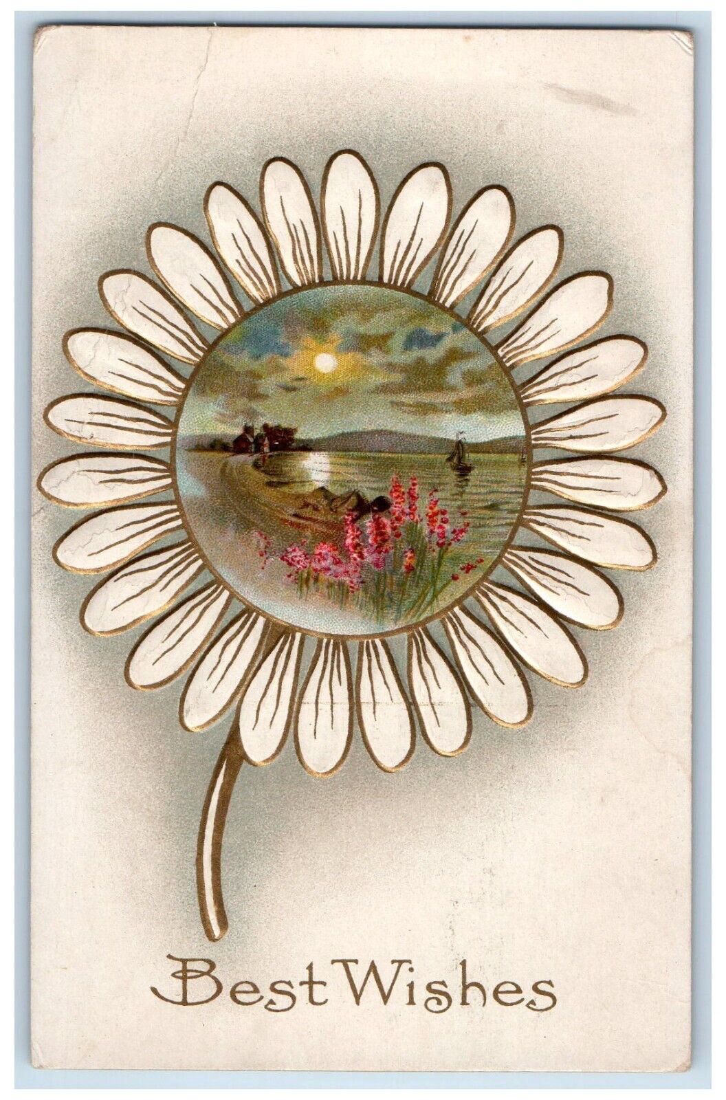 c1910's Best Wishes White Sunflower Sea View Boat Embossed Antique Postcard