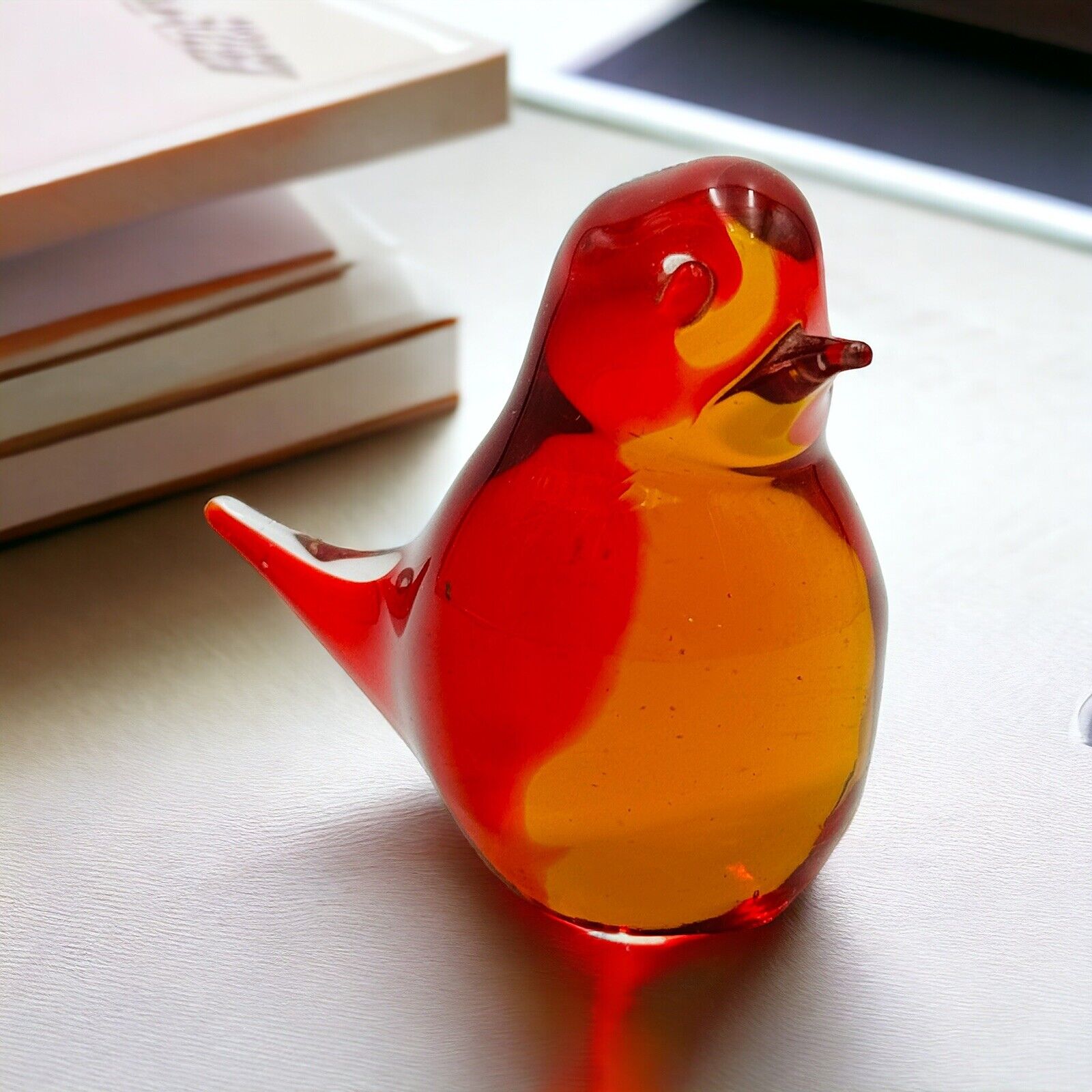 Hand Blown Art Glass Red Orange Bird Figurine Vintage