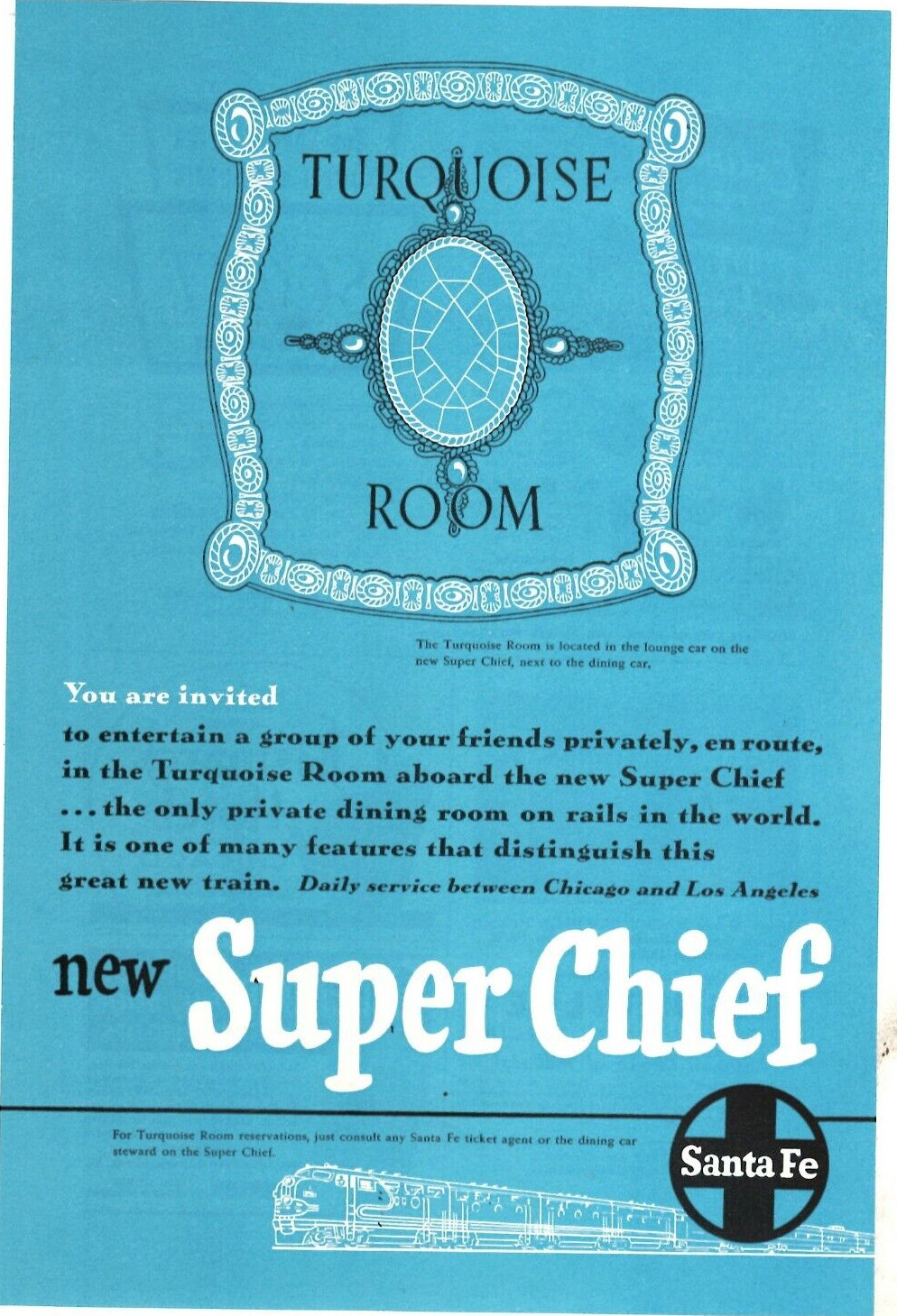 1951 Print Ad Santa Fe Railroad Turquoise Room Super Chief Private Dining Room