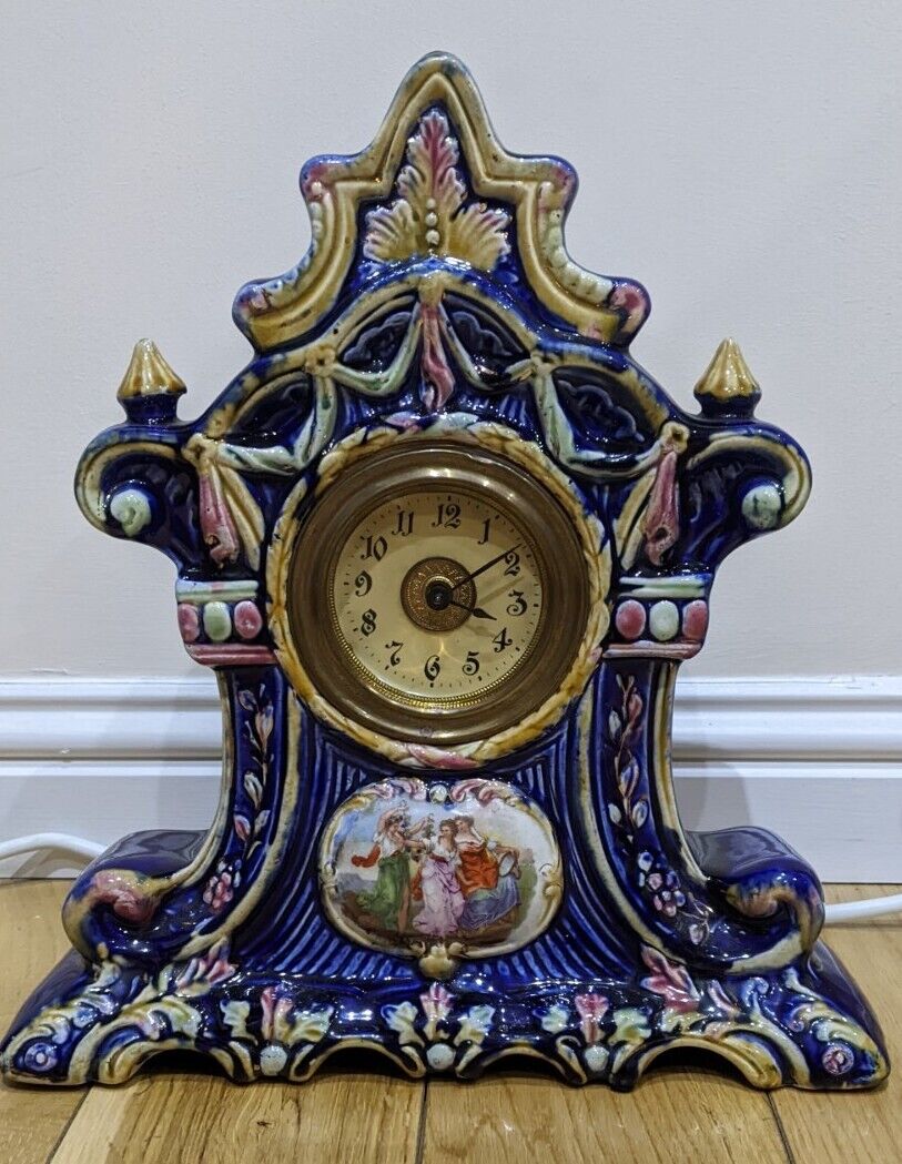 Antique Porcelain Victorian Mantel Clock Hand Painted Key Wound